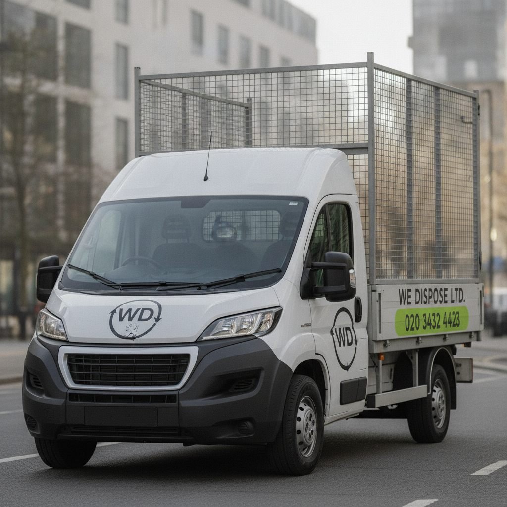 We Dispose Ltd branded waste removal van, front view, call 020 3432 4423